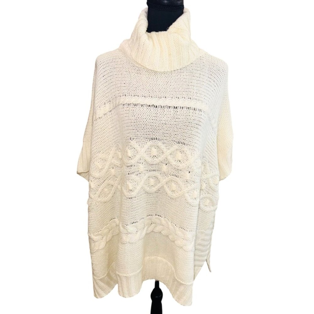 Loft Womens Cream Cable Knit Poncho Sweater Turtleneck Boho Chic Western Cowgirl